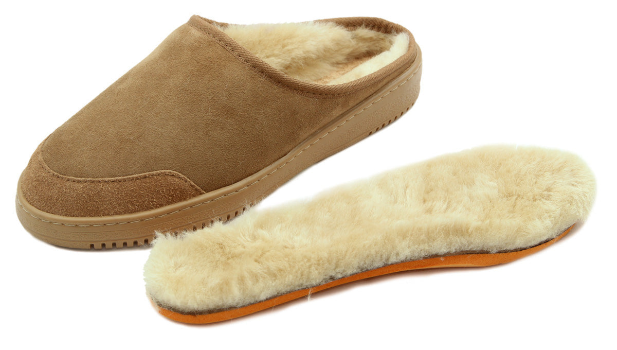 Brown slipper with sheepskin lining on a  inner sole