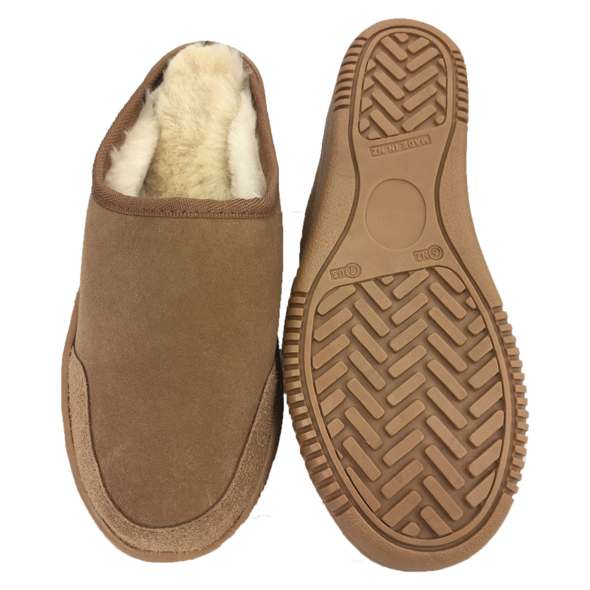 sheepskin clog Brown slippers with fur lining on a white background