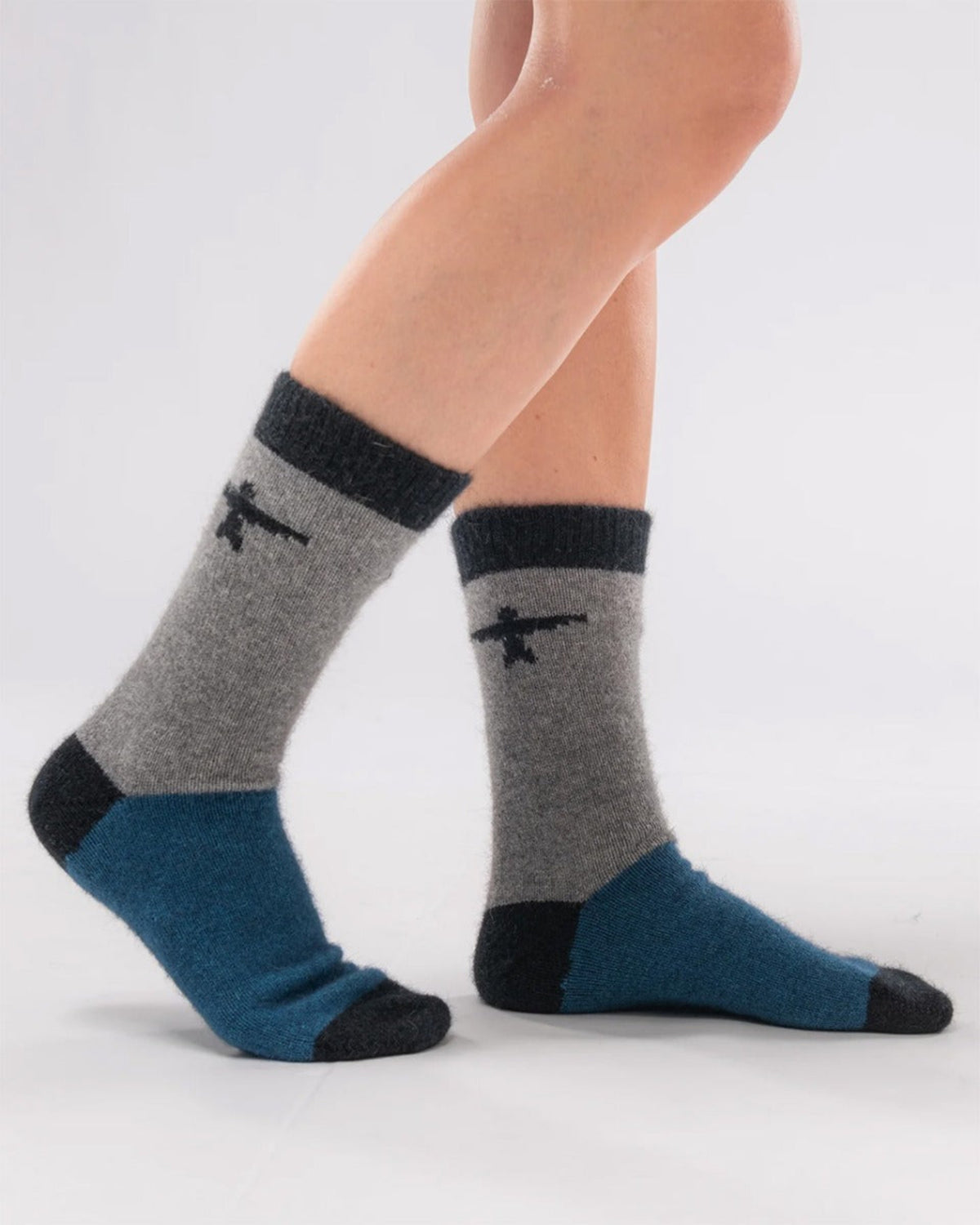 Possum Merino Gray and blue socks with black accents kite socks