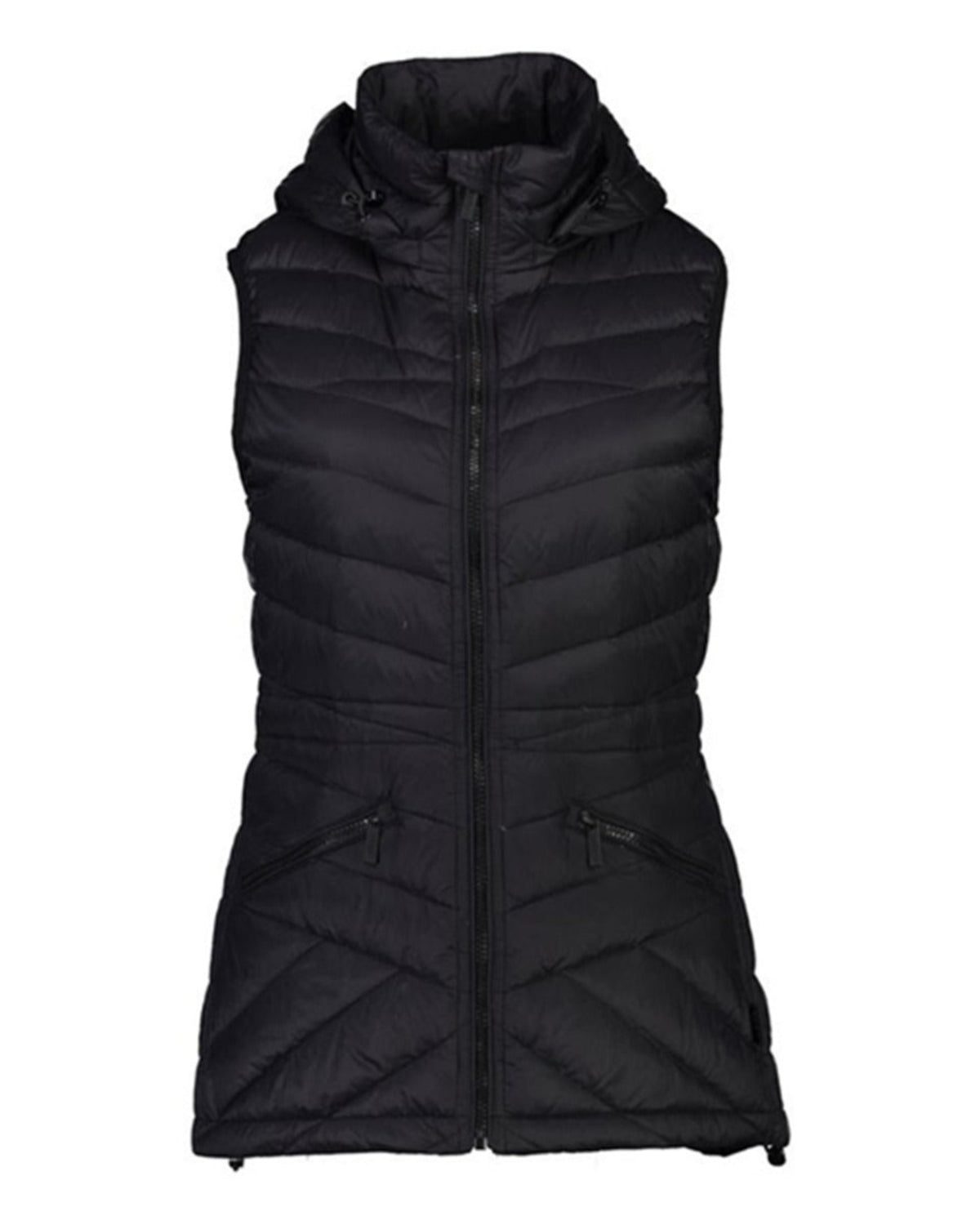 Black puffer vest on a white background