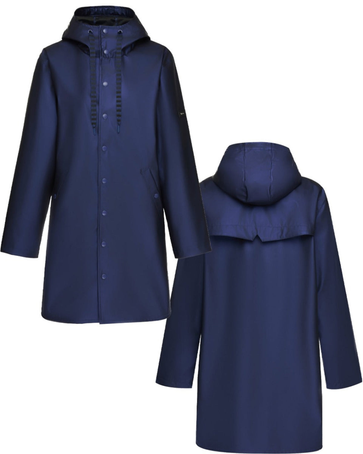 Navy blue raincoat shown from front and back on a white background