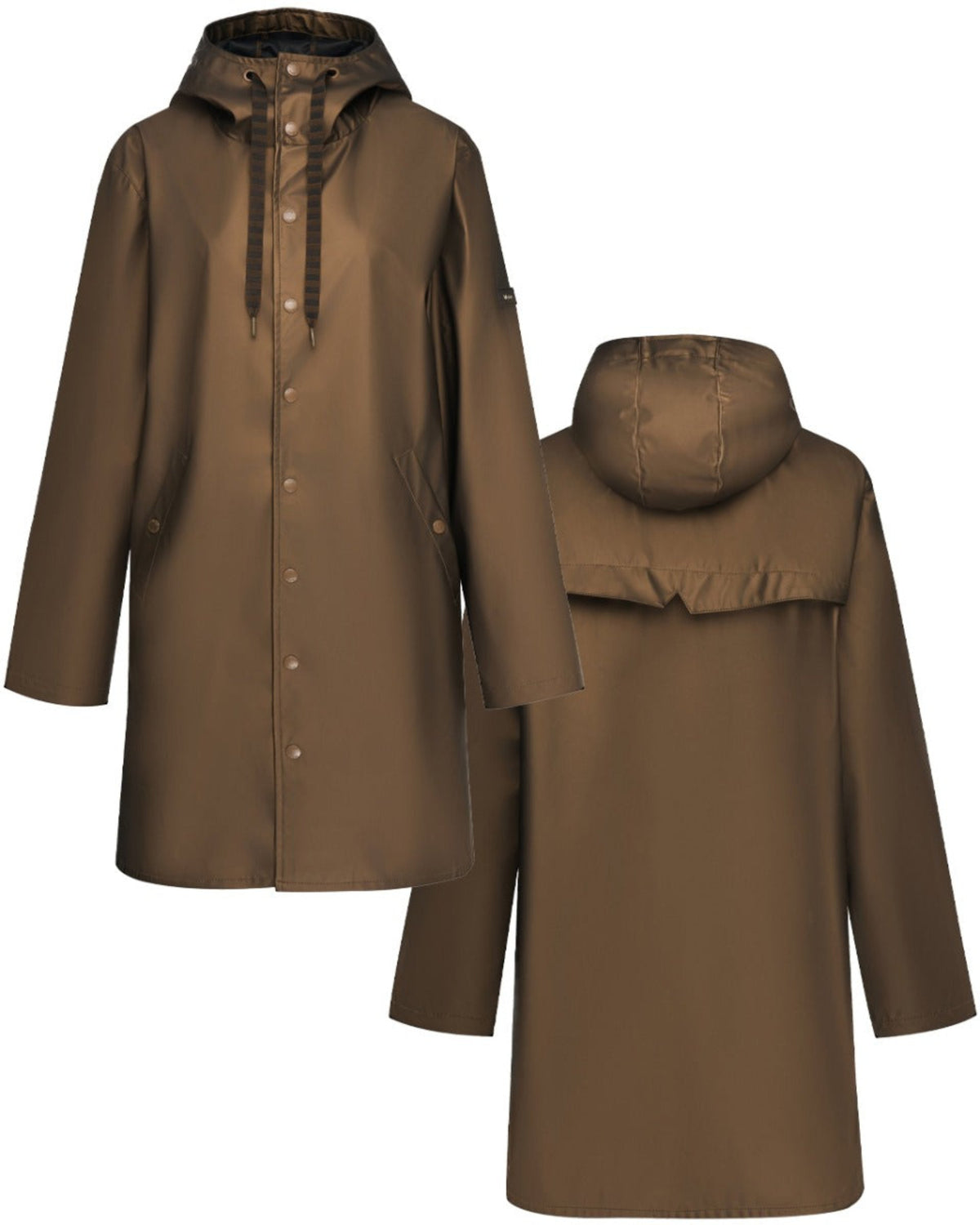 Brown raincoat shown from front and back on a white background