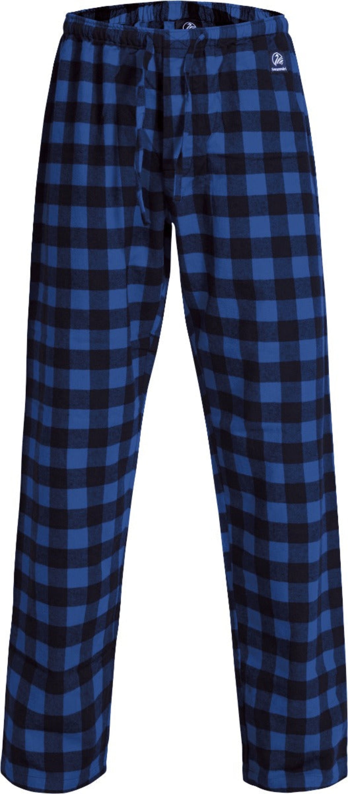 Blue and black checkered pajama pants with a brand logo on a white background