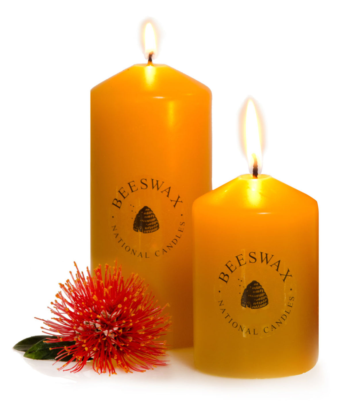 Two beeswax candles with a red flower on a white background
