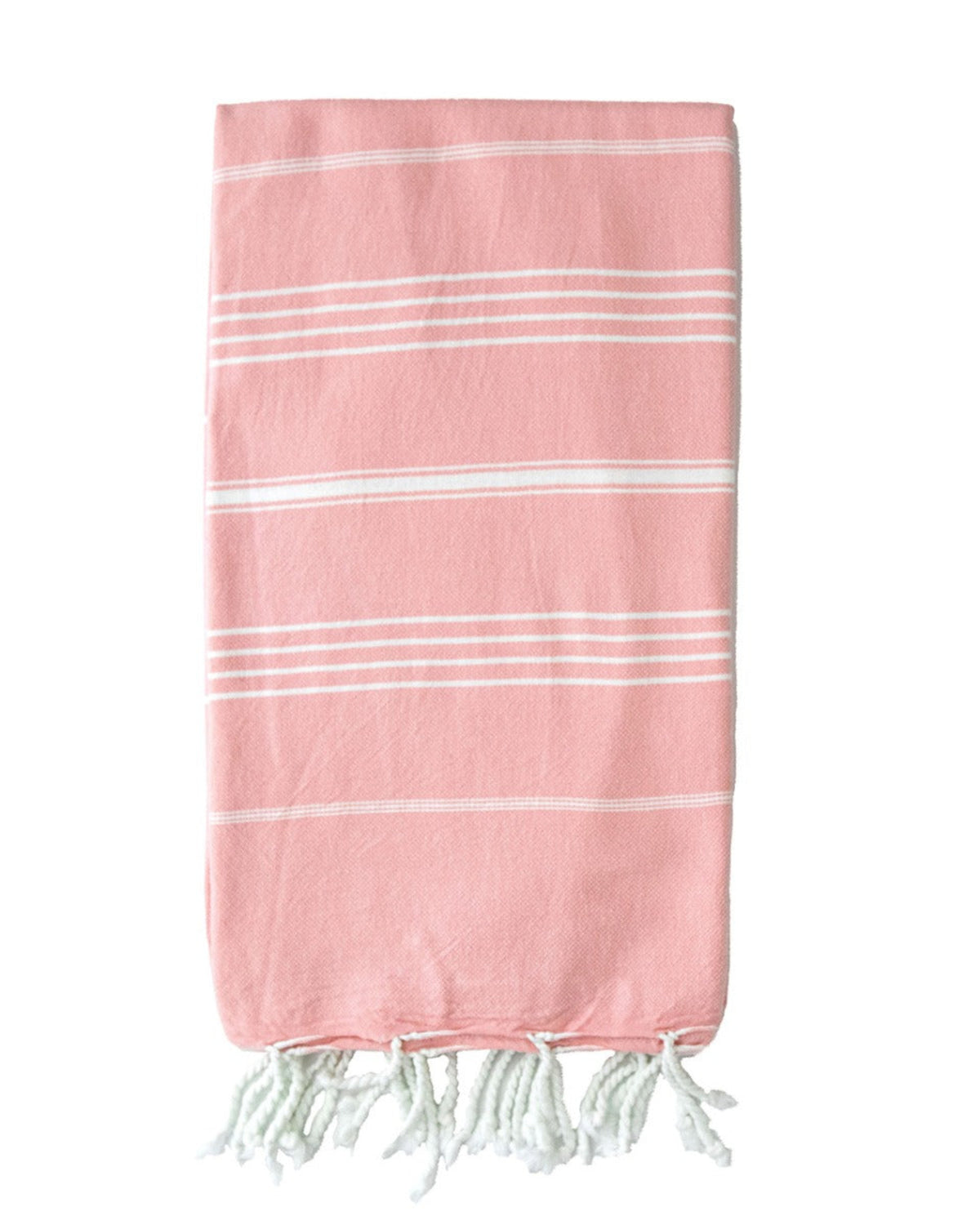 Pink Flat weave cotton Turkish Towel with white stripes and fringes on a white background