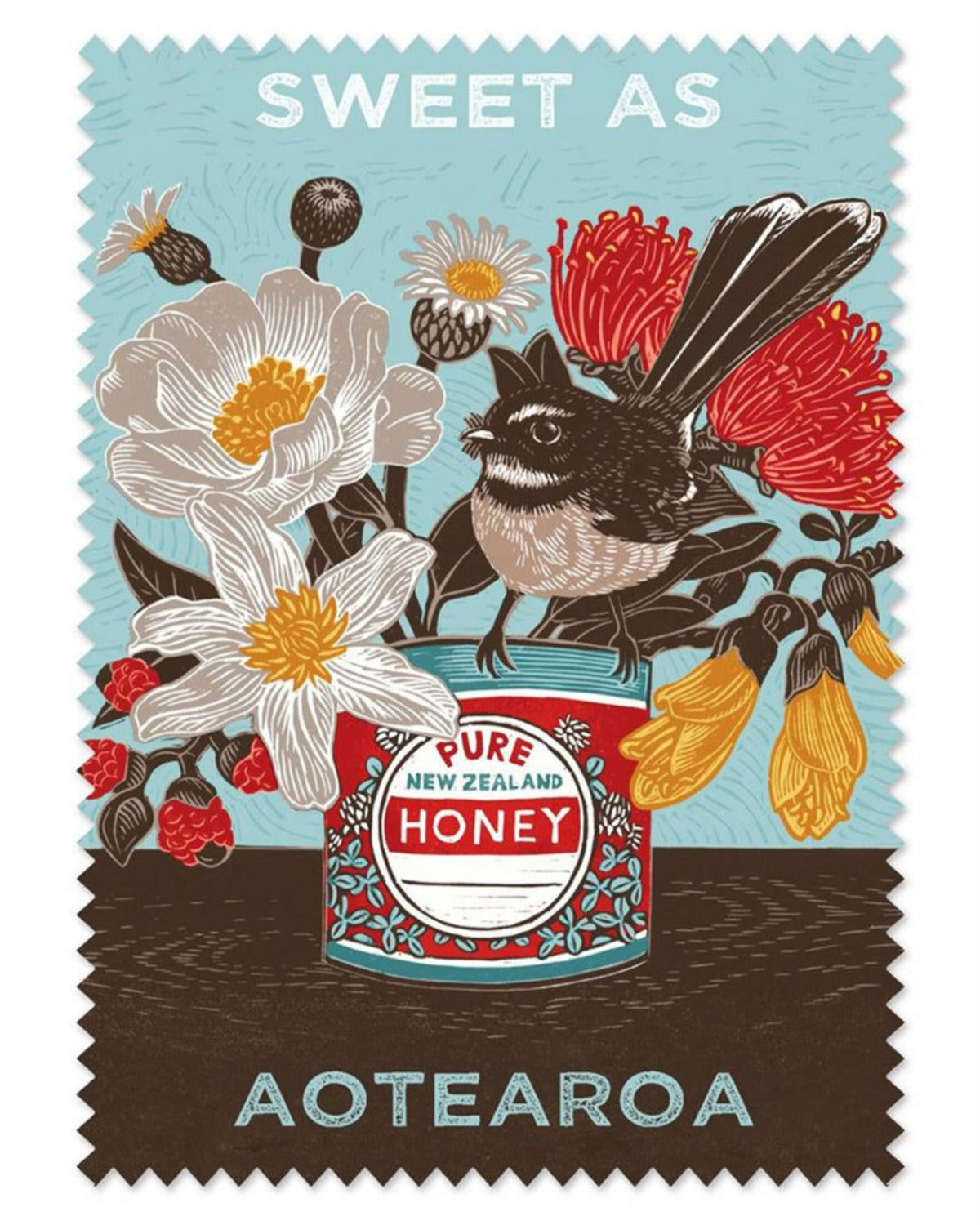 Fantail Illustration of a honey jar with flowers and a bird, labeled 'Pure New Zealand Honey Aotearoa'.