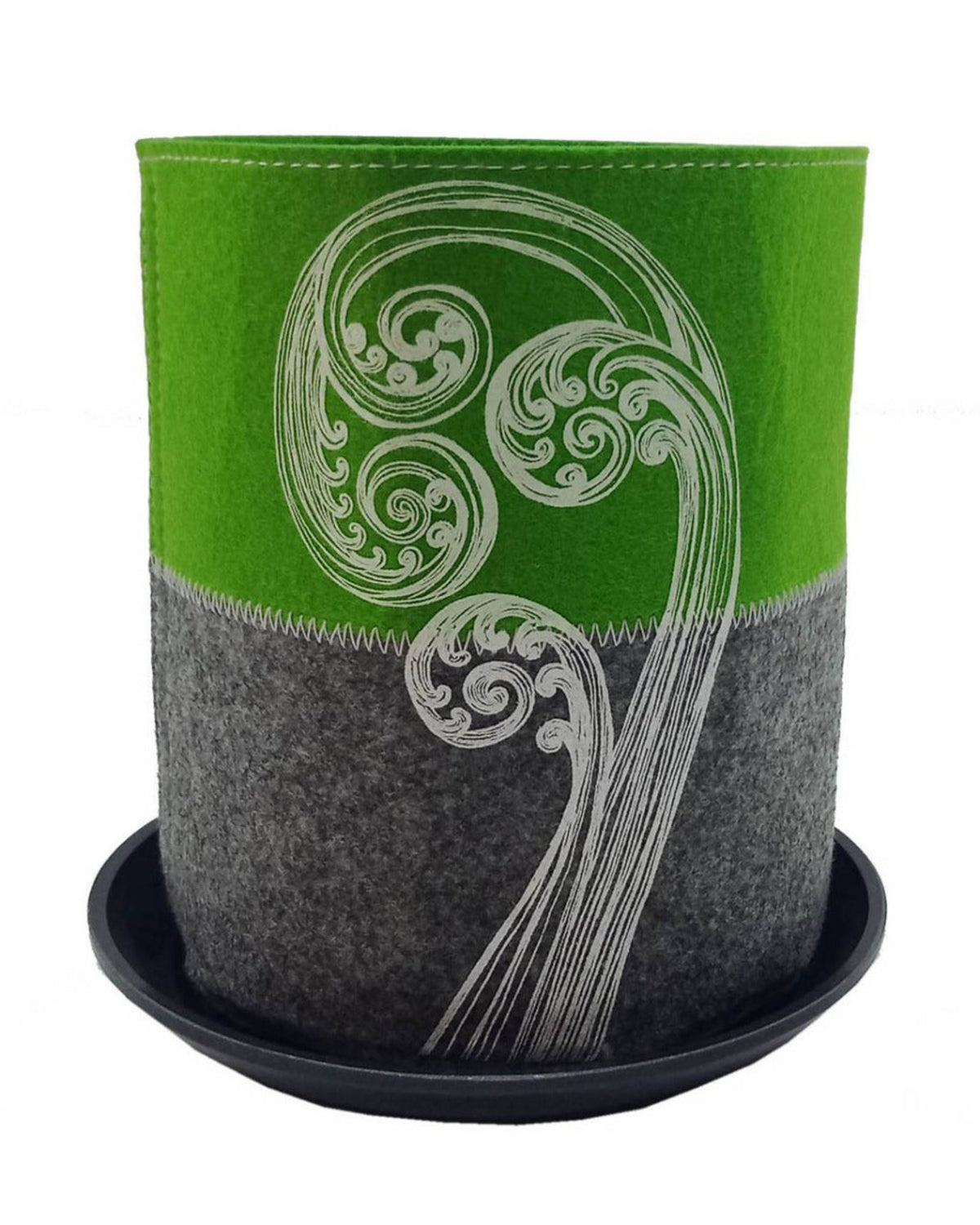 ecco grow felt planter Green and gray felt pot with white floral design on a white background