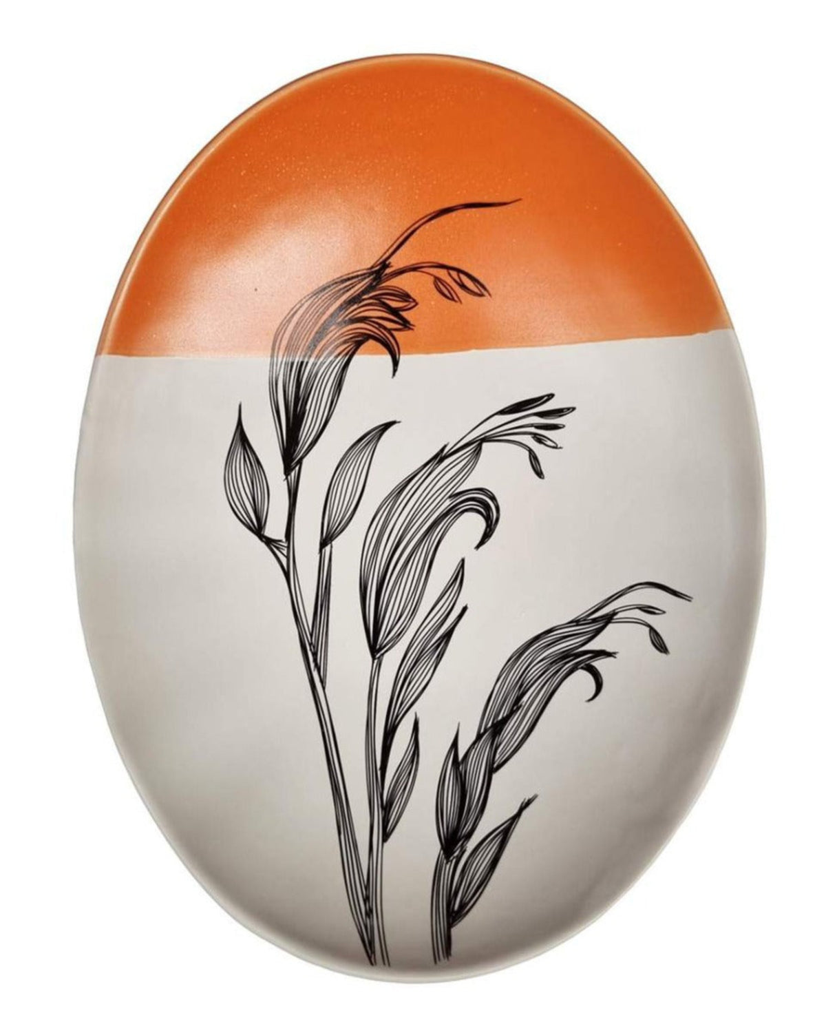porcelain Decorative object with orange top and white bottom featuring black floral design