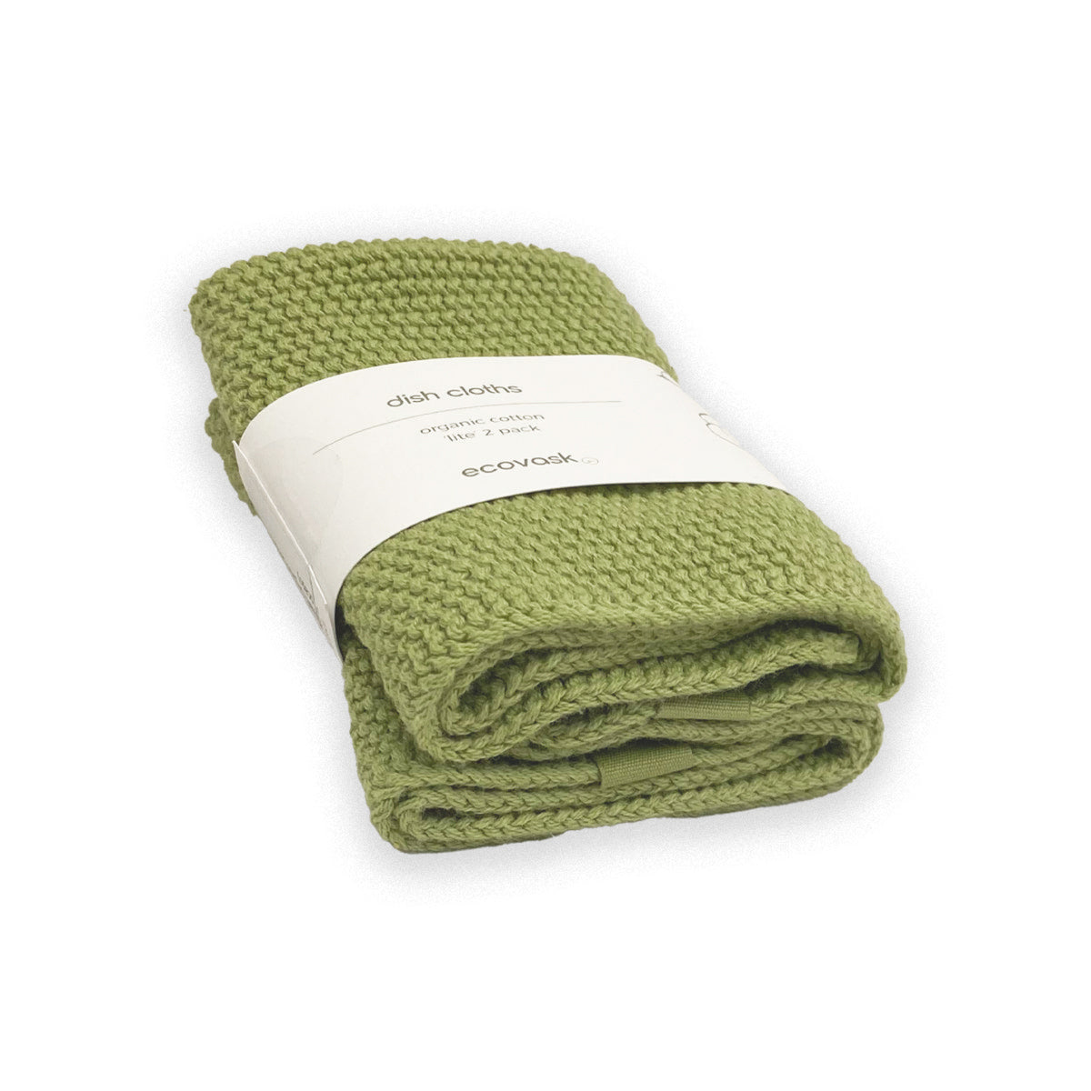 Cotton dish cloth Folded green dish cloth with a white label on a white background