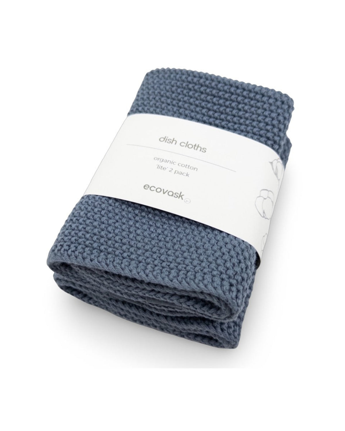 Cotton dish cloth Two blue dish cloths wrapped in a white package with 'ecovasch' branding on a white background.
