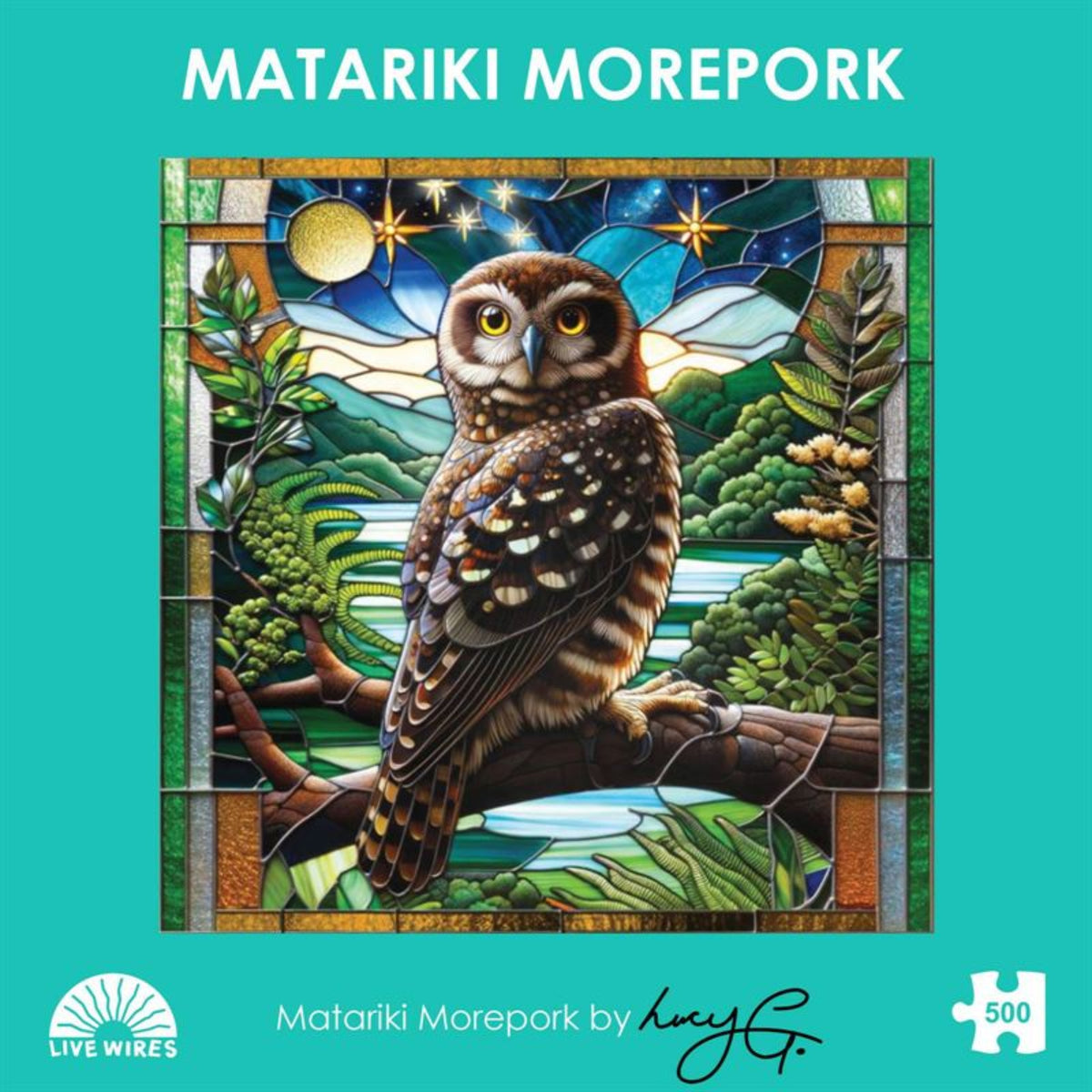 puzzle Stylized owl on a branch with stained glass design and 'Matariki Morepork' text on a teal background