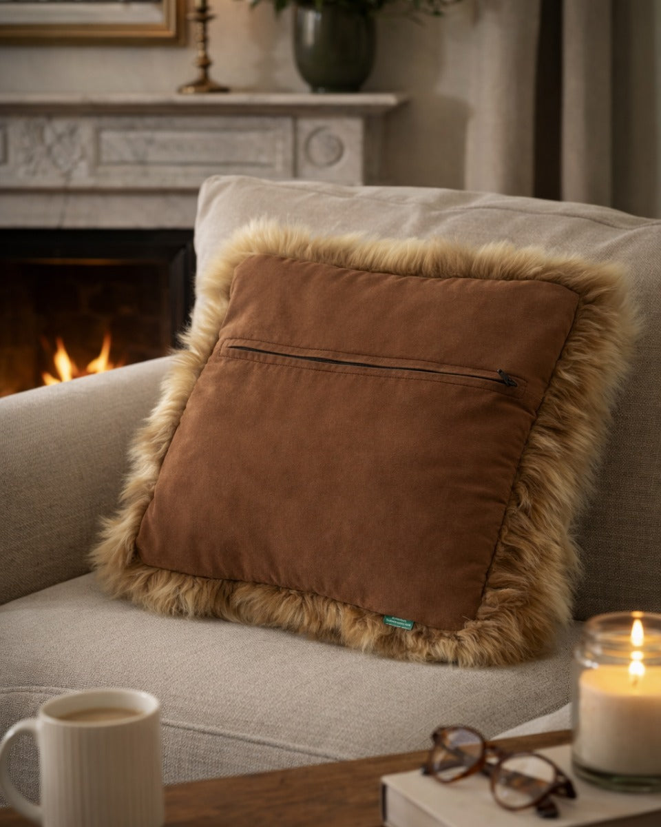 Brown pillow with fur trim on a gray sofa in a cozy living room.