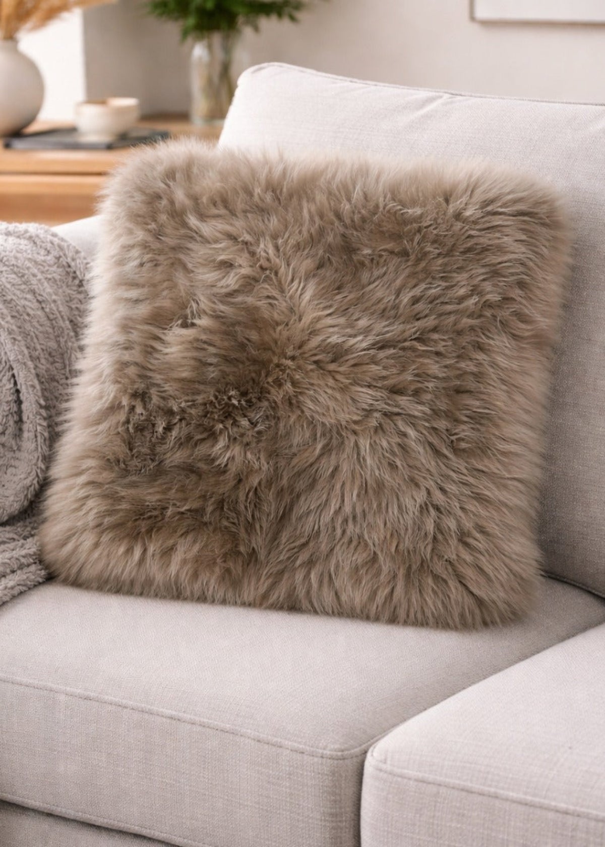 Fluffy brown pillow on a light gray sofa in a cozy living room.