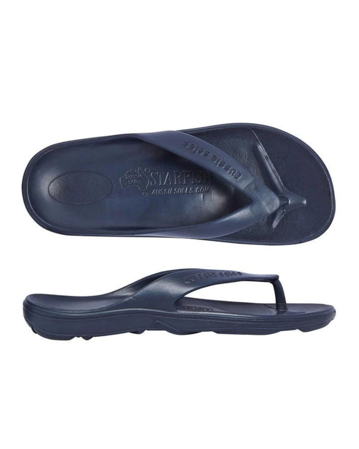 Navy blue flip-flops with a brand logo on a white background