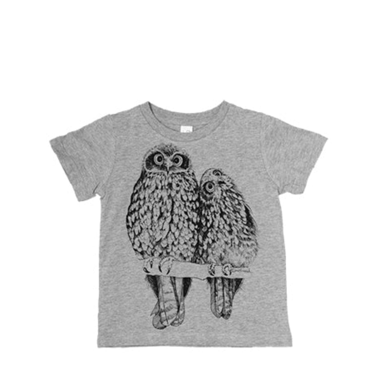 Gray morepork  t-shirt with black owl design on a white background