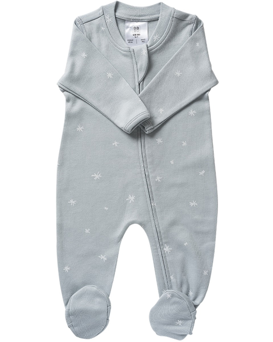 Gray baby onesie with star pattern on a white background