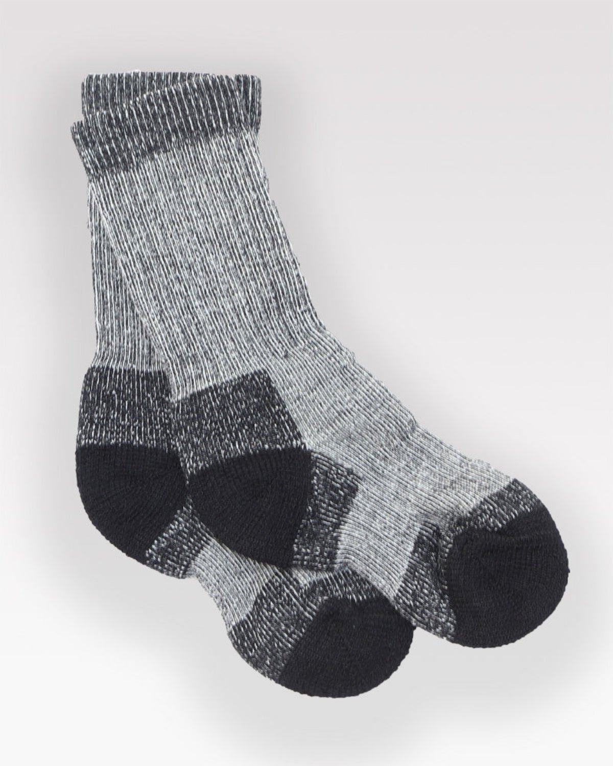 Pair of children's gray and black heavyweight Merino socks on a white background