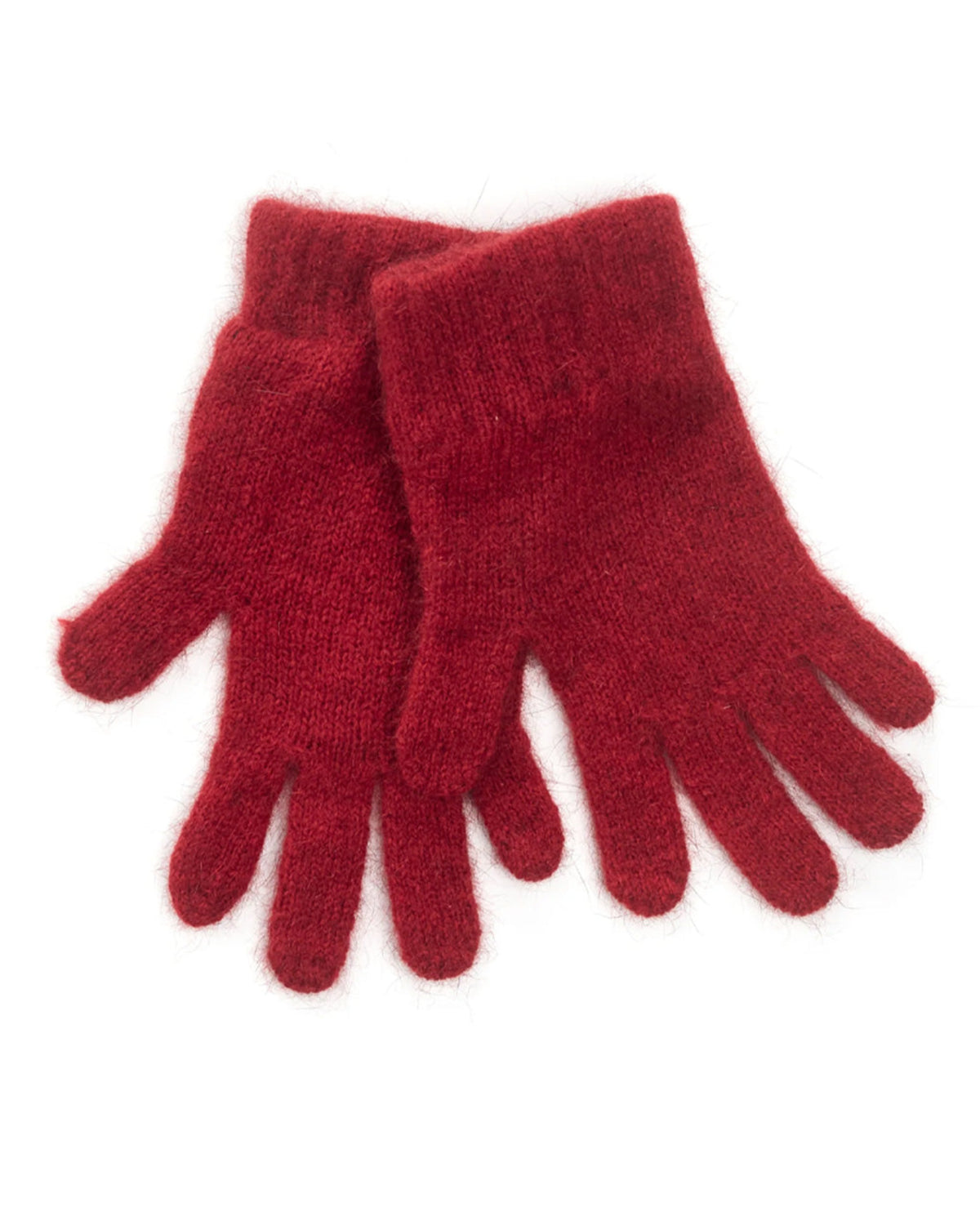 possum merino A pair of red knit gloves with a soft, fuzzy texture, displayed against a plain white background.