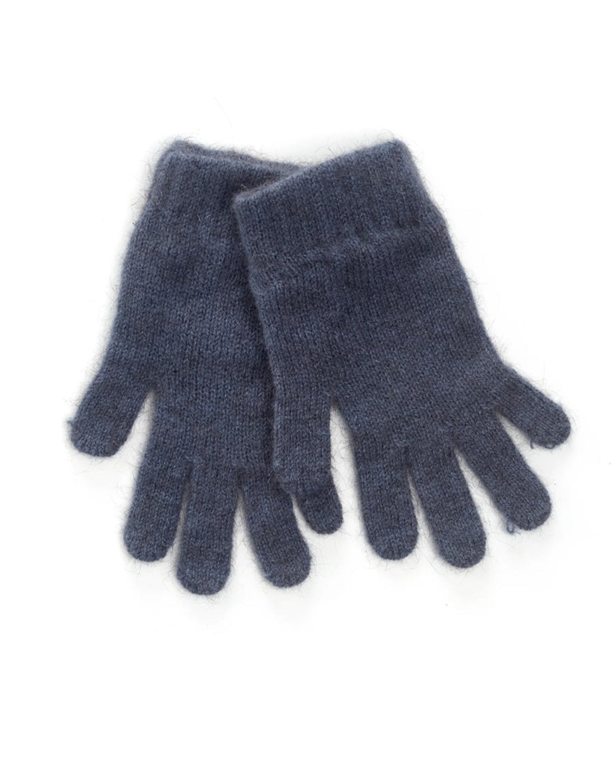 possum merino A pair of dark blue knit gloves with a soft, fuzzy texture, displayed on a clean white background.