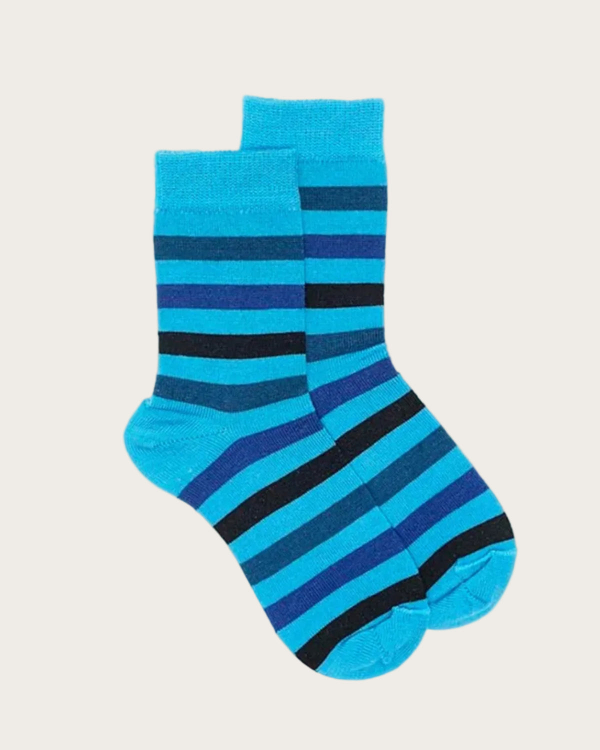 Blue and black merino striped socks on a white background