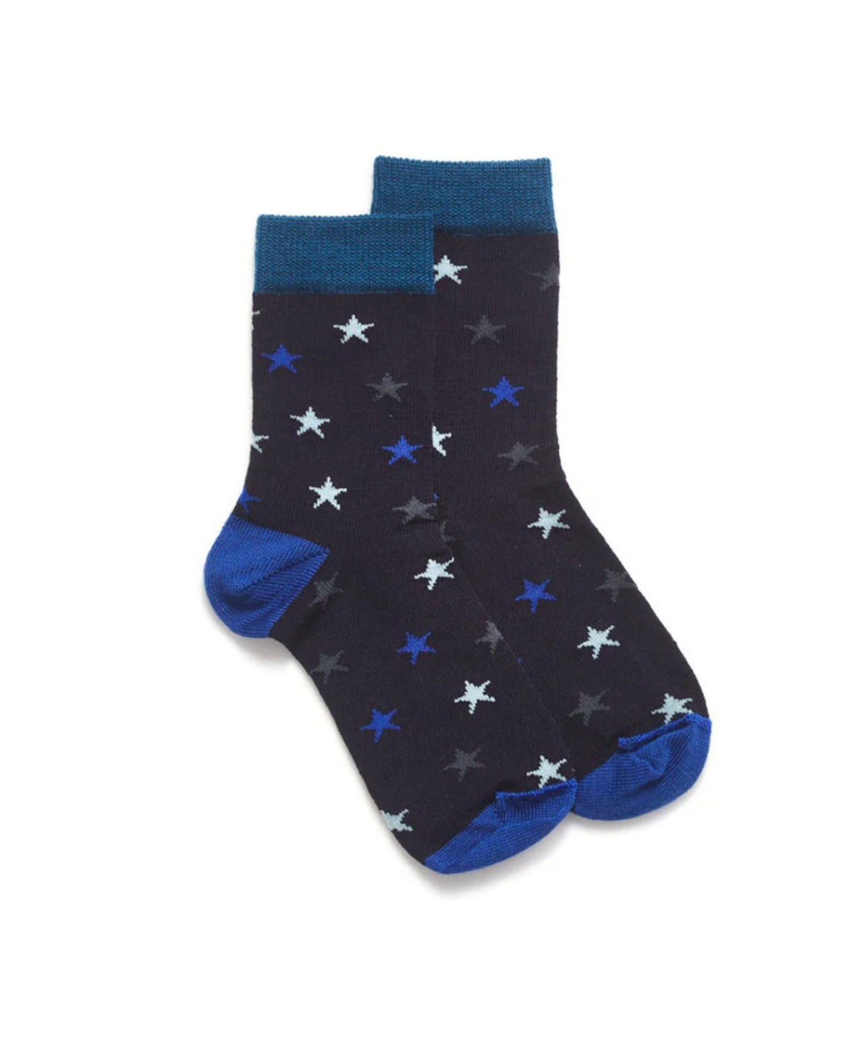 Pair of children's merino socks with star pattern on a white background