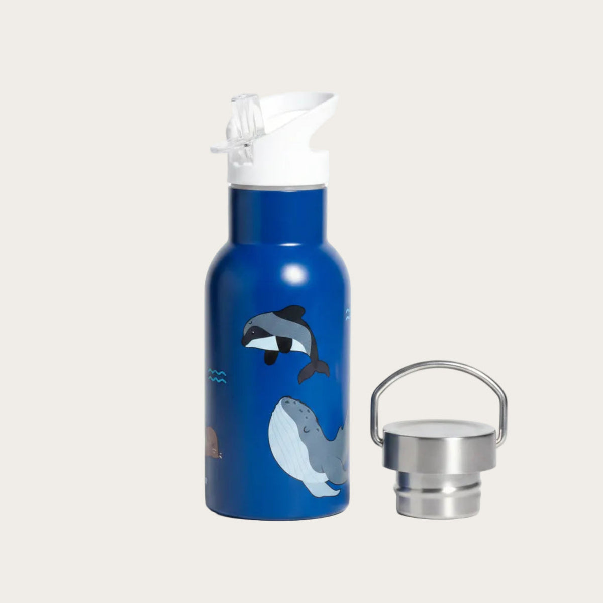 Blue water bottle with whale design on a stainless steel