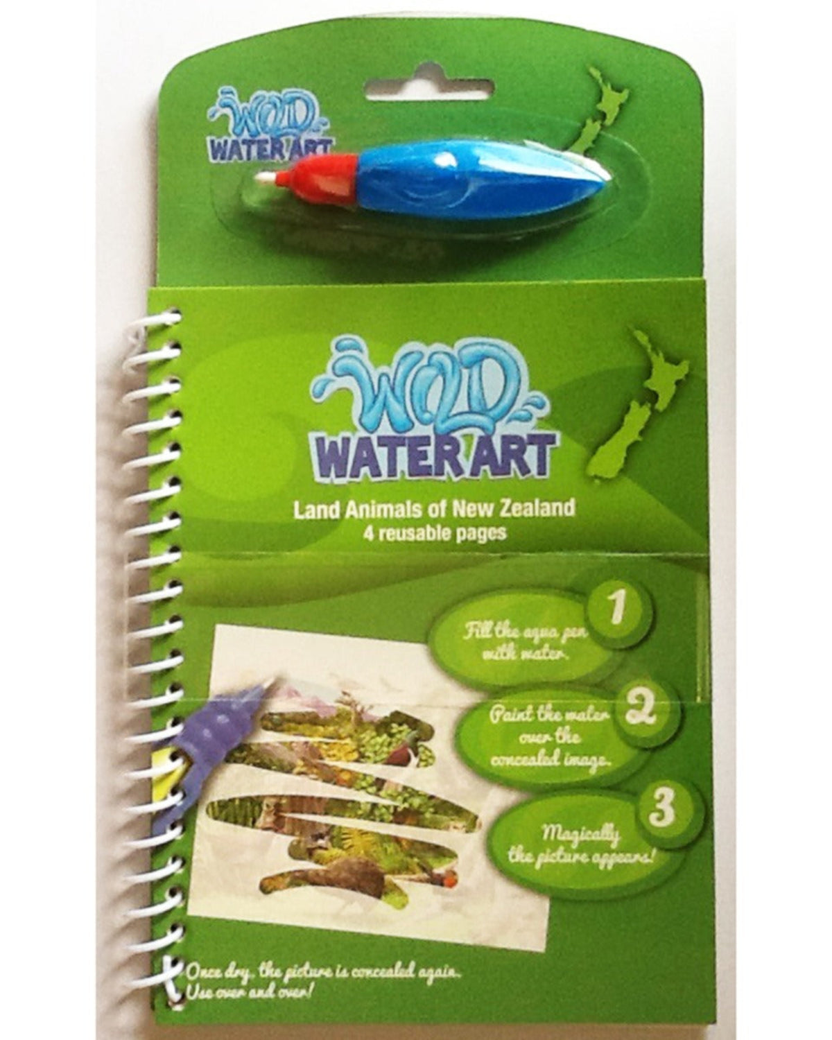 Wet Water Art kit packaging with a pen and illustration of land animals of New Zealand.