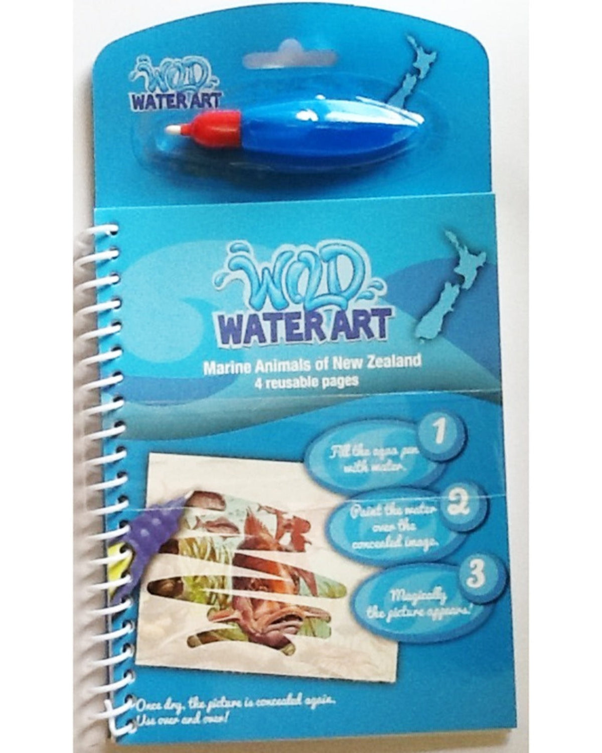 Wool Water Art marine animals of New Zealand coloring book with water pen on a white background