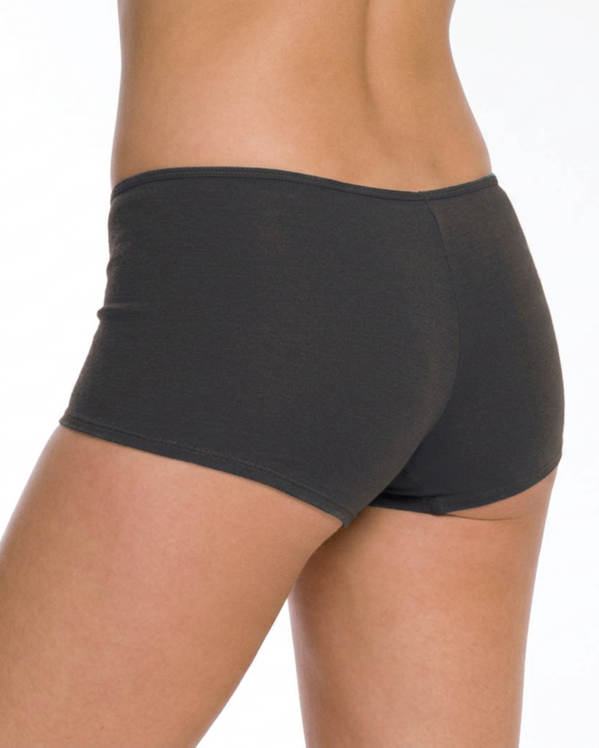 A close-up side view of a model wearing dark charcoal gray high-waisted briefs against a plain white background.