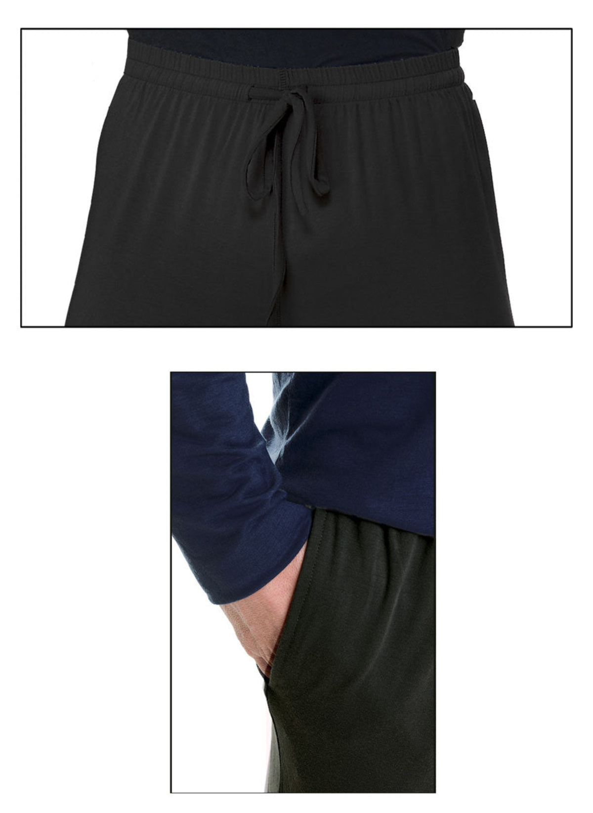 Black bamboo leisure drawstring pants with a close-up of the waistband and a person wearing them.