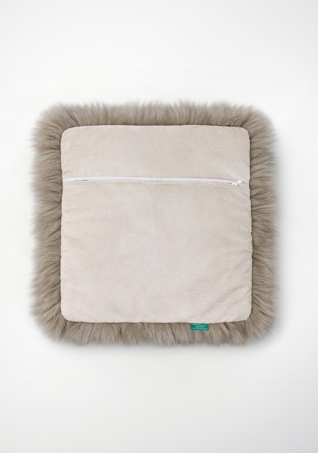 Beige pillow with fur trim on a white background