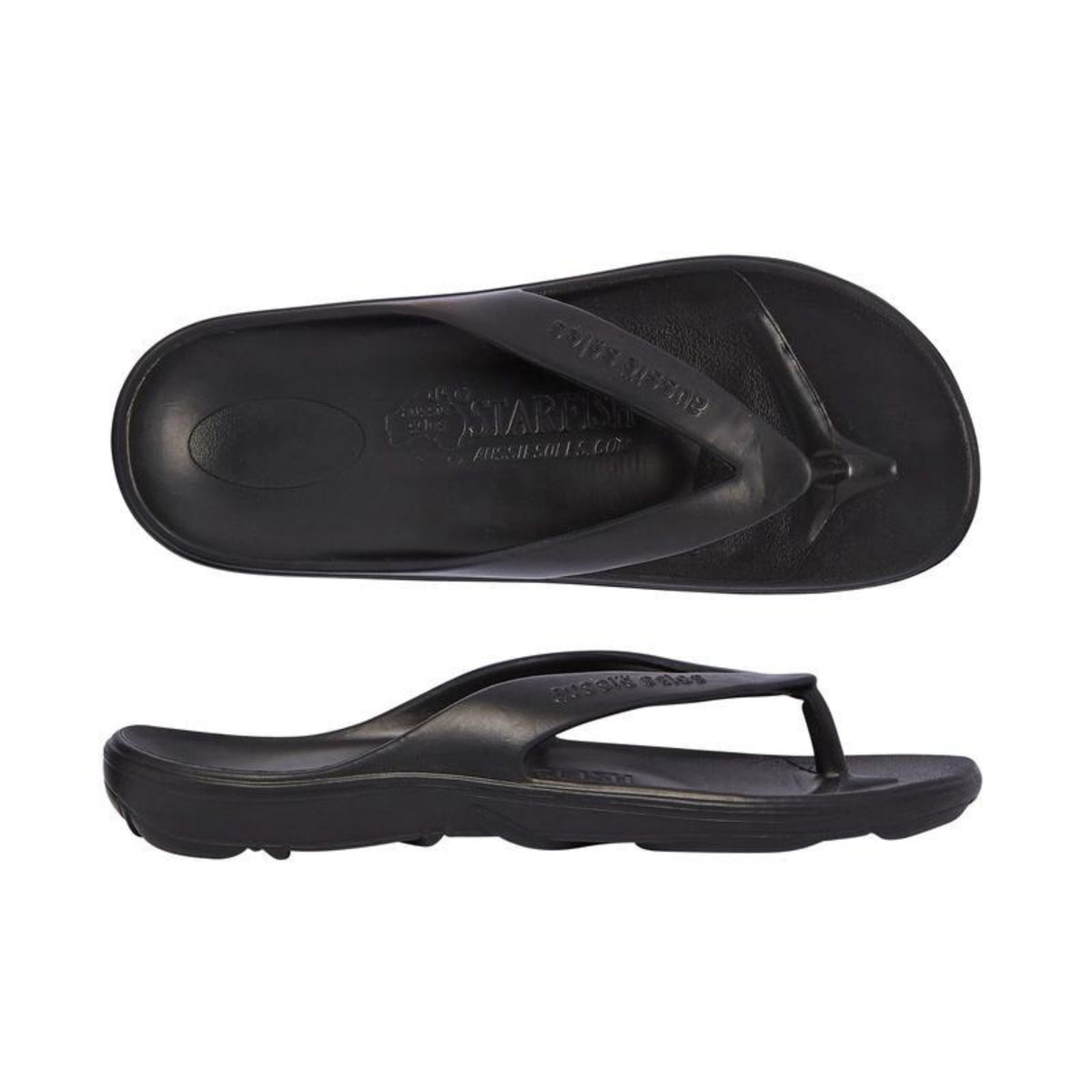 Black jandals with a visible brand logo on a white background
