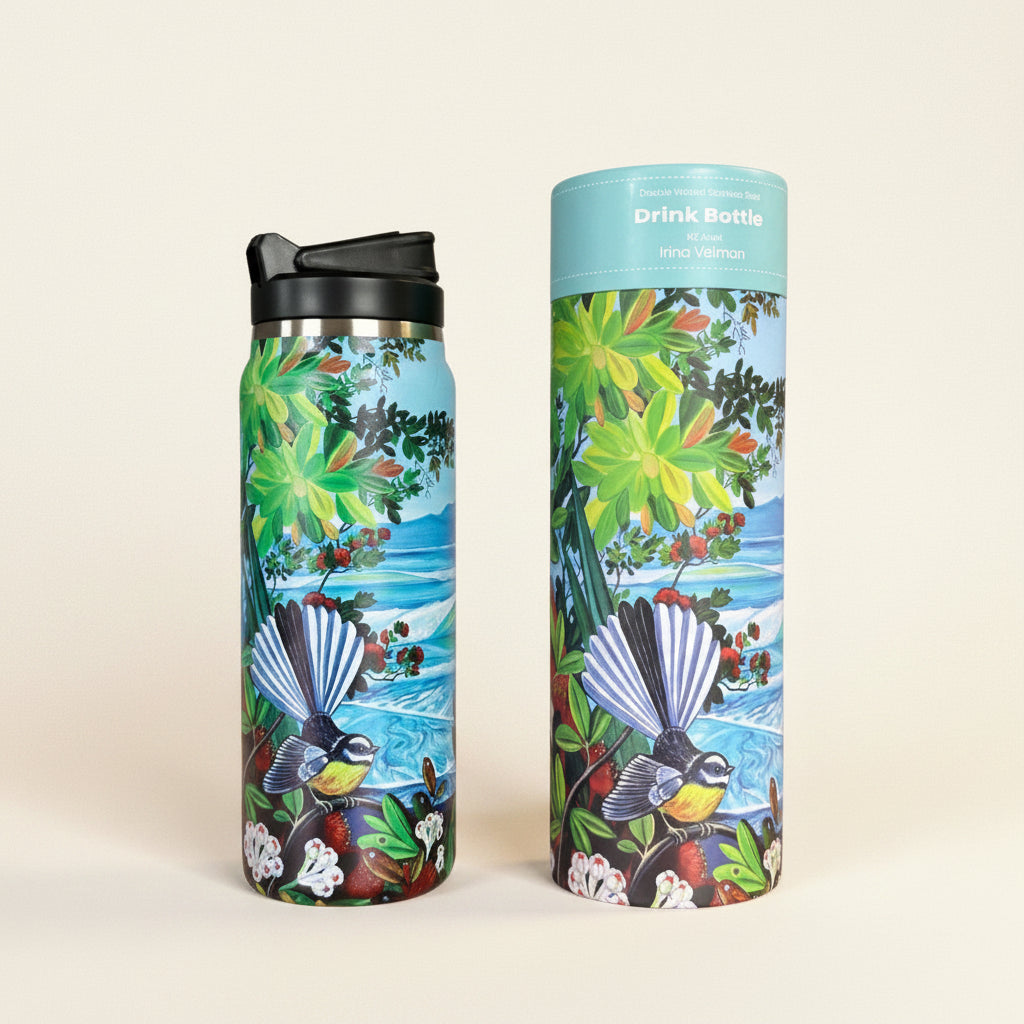 Tropical-themed drink bottle with colorful design on a white background