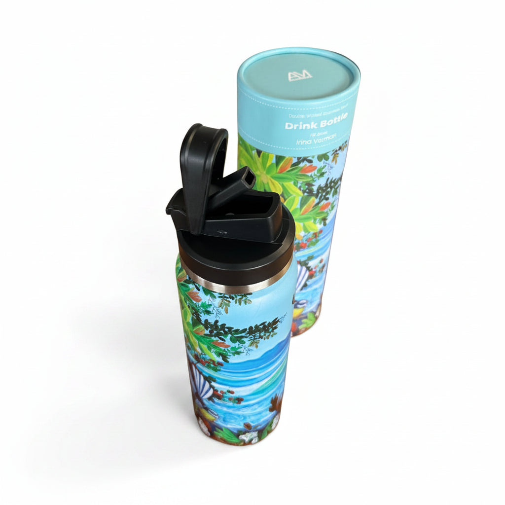 Tropical-themed drink bottle with matching cylindrical packaging on a white background
