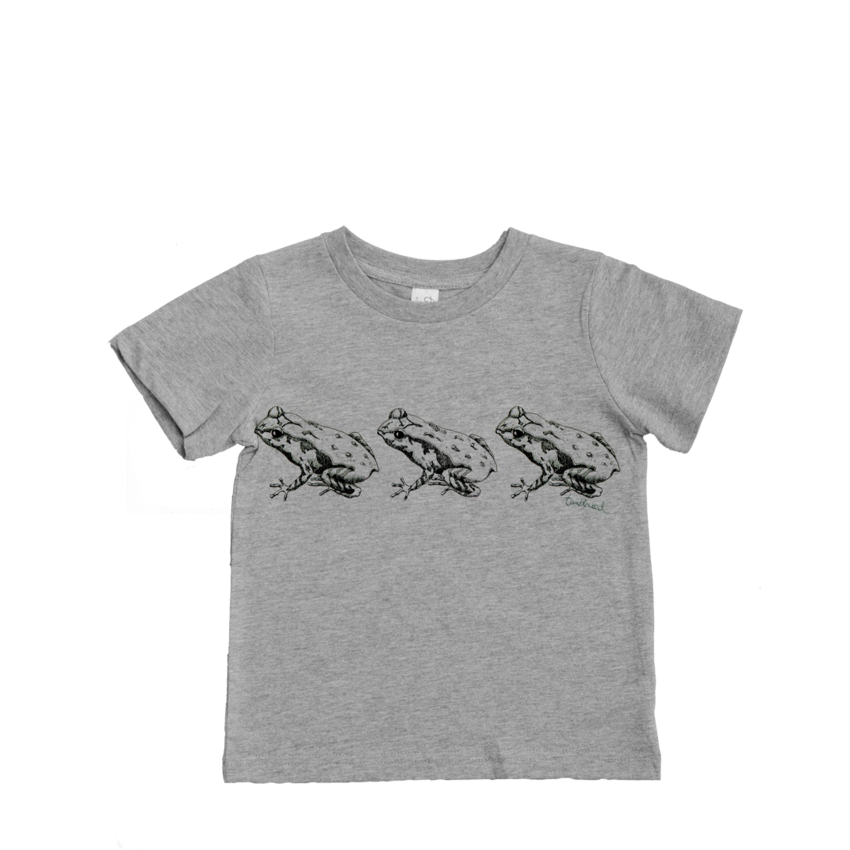 Cotton frog Gray t-shirt with black frog illustrations on a white background