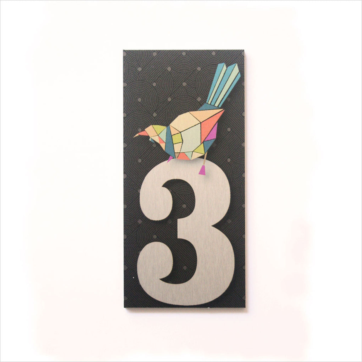 house  and letter box number  Card with a colorful geometric bird on the number 3 against a black background with white polka dots.