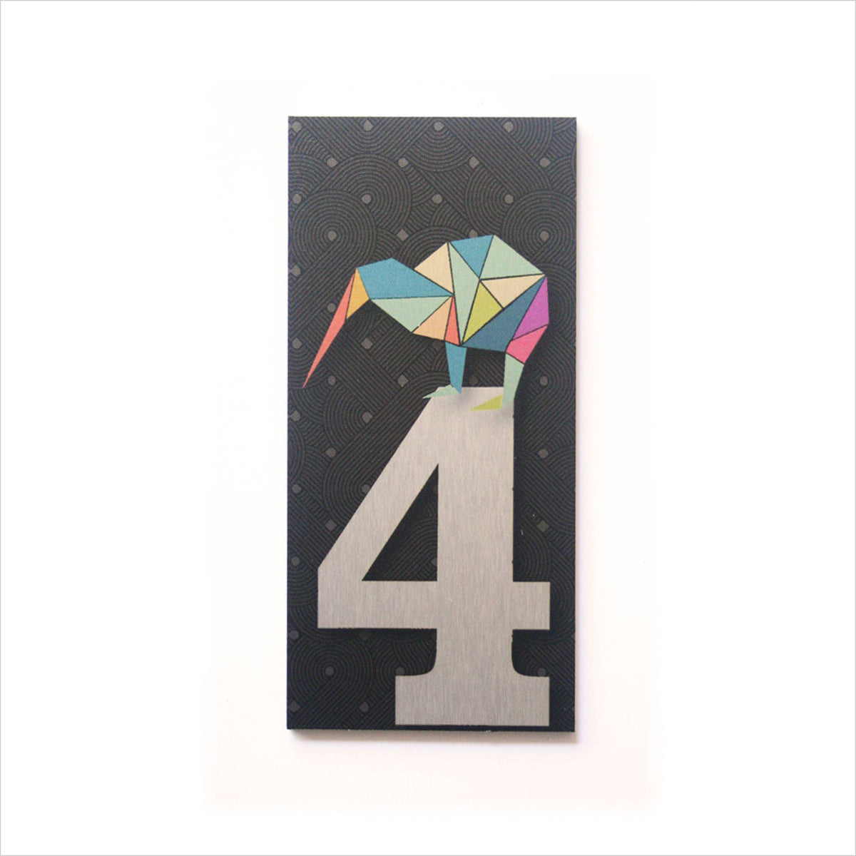 house  and letter box number  Geometric bird design on a number 4 card with a black background