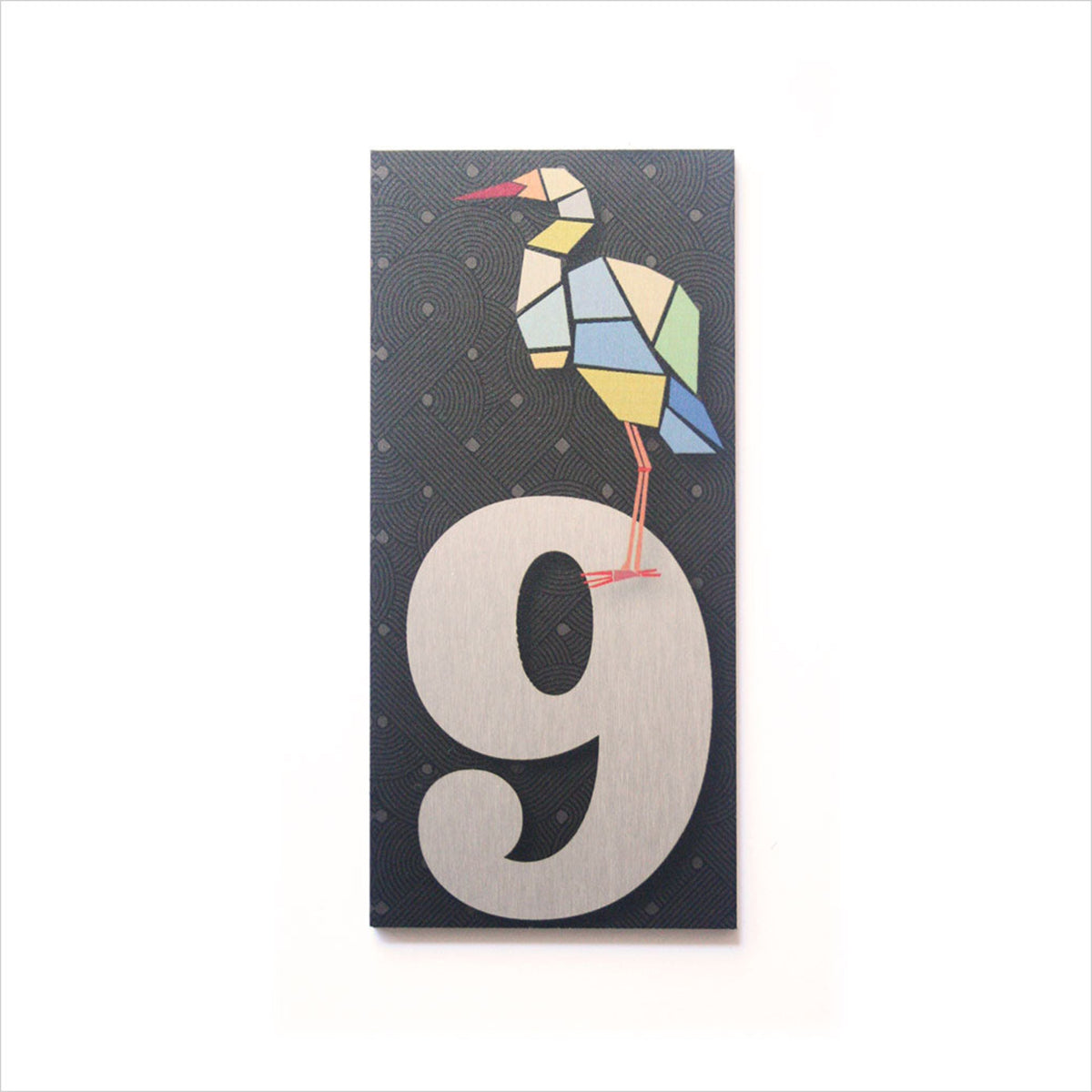 house  and letter box number  Decorative number '9' with a colorful bird design on a white background