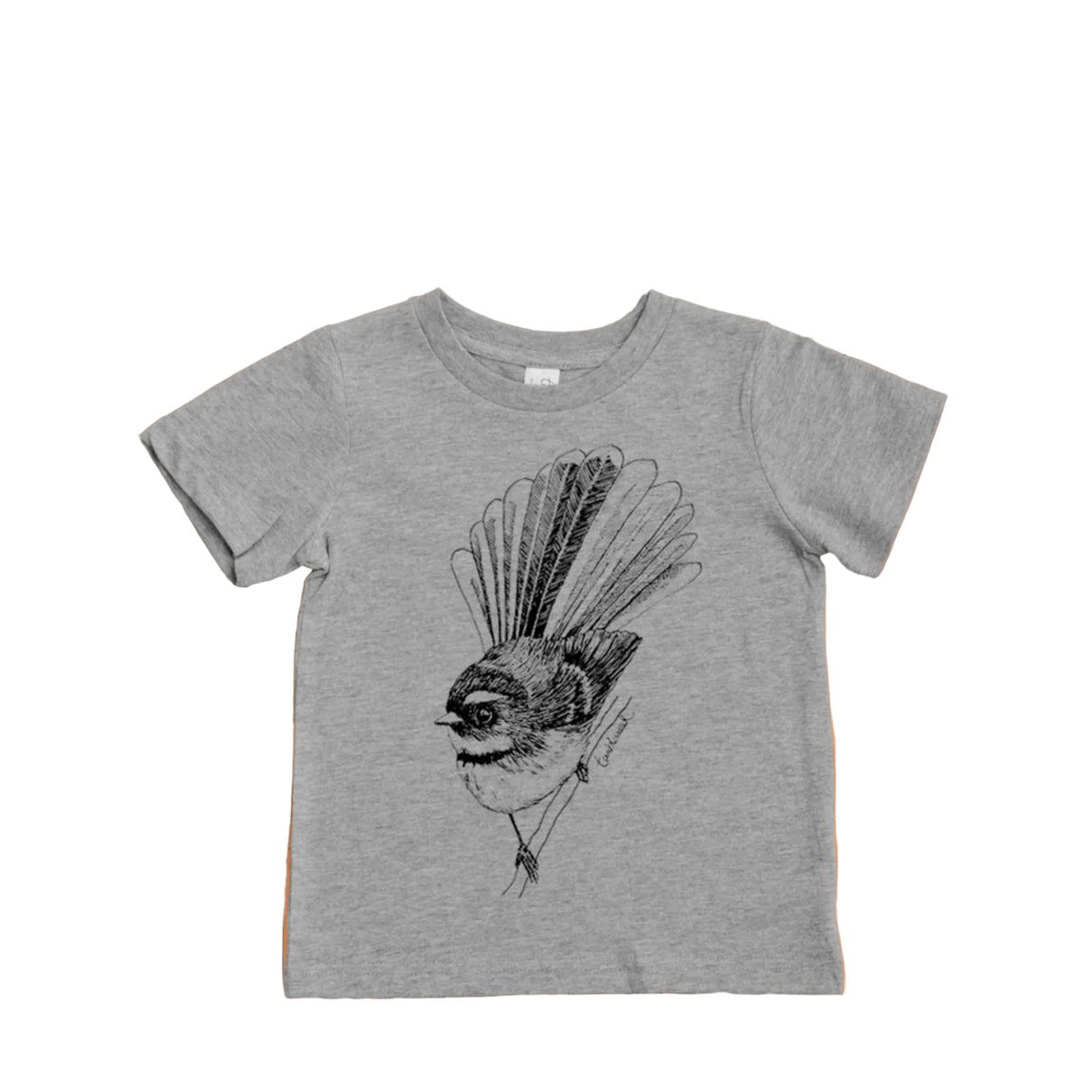 Fantail Gray t-shirt with a bird graphic on a wooden background