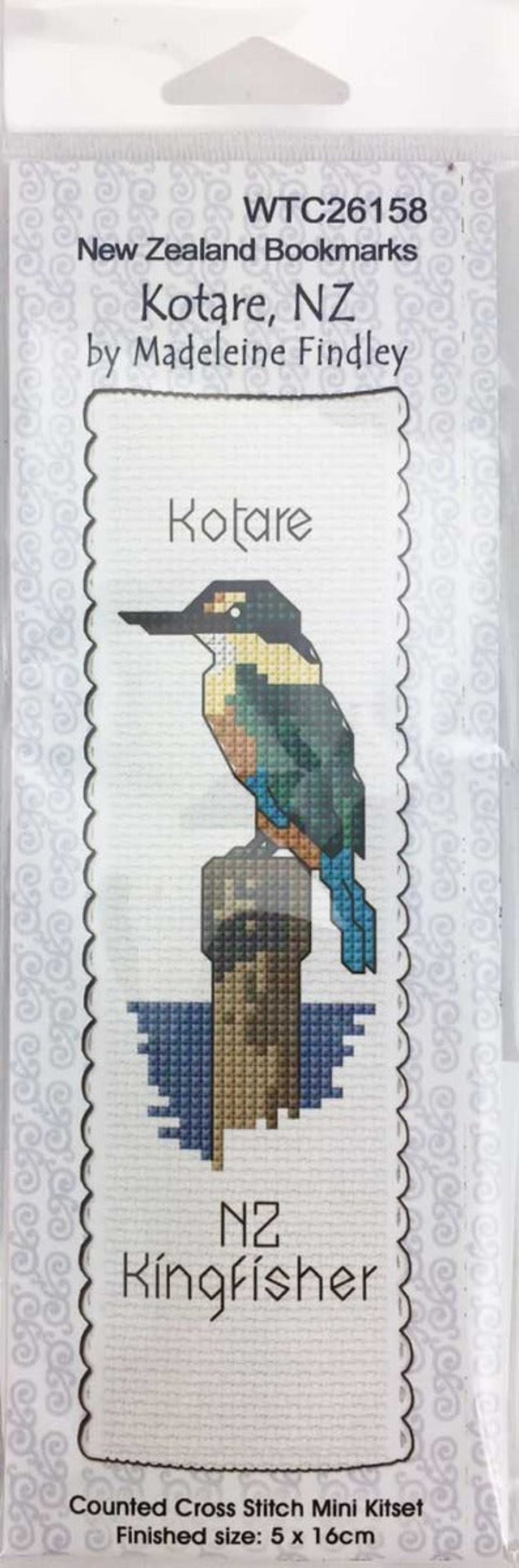 Cross-stitch kit for New Zealand Kingfisher with branding and product details.