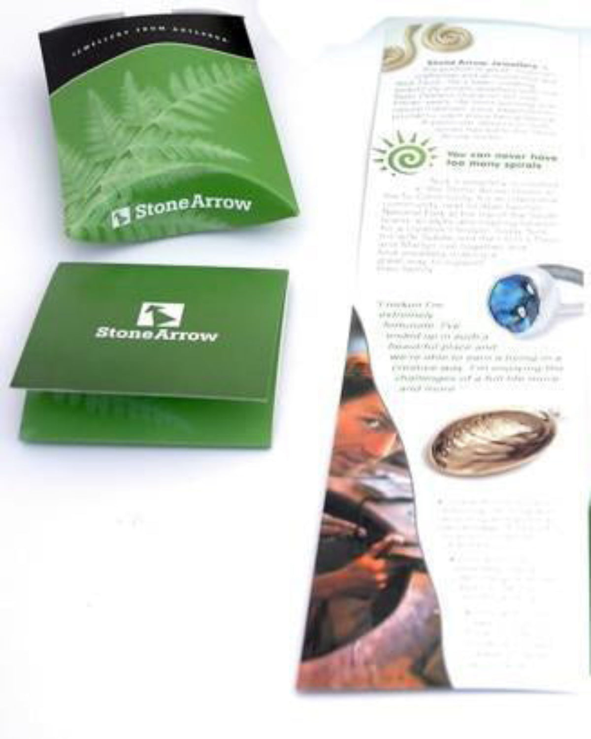 Stone Arrow branded materials including a leaflet, business card, and product packaging on a white background.
