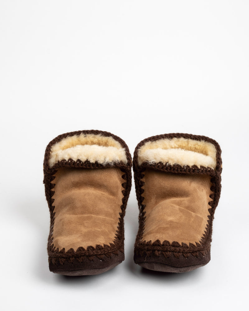 Pair of brown slippers with white fur lining on a white background