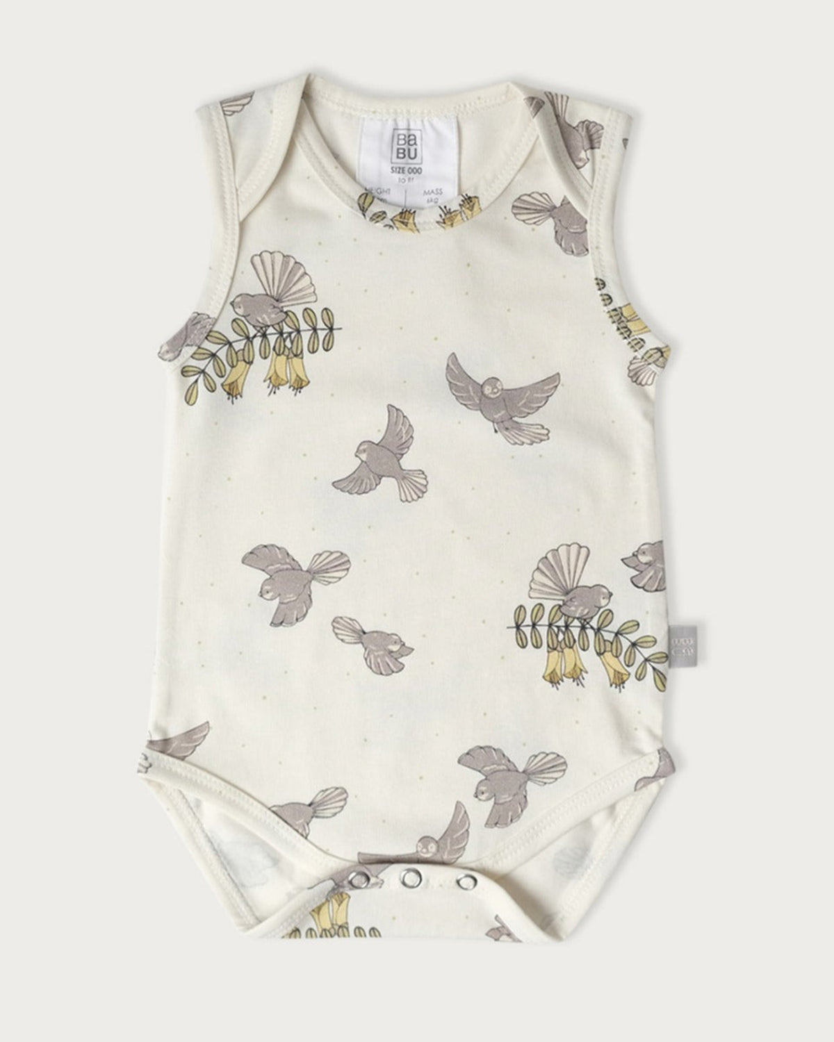 cotton singlet organic Baby romper with bird pattern on a white background