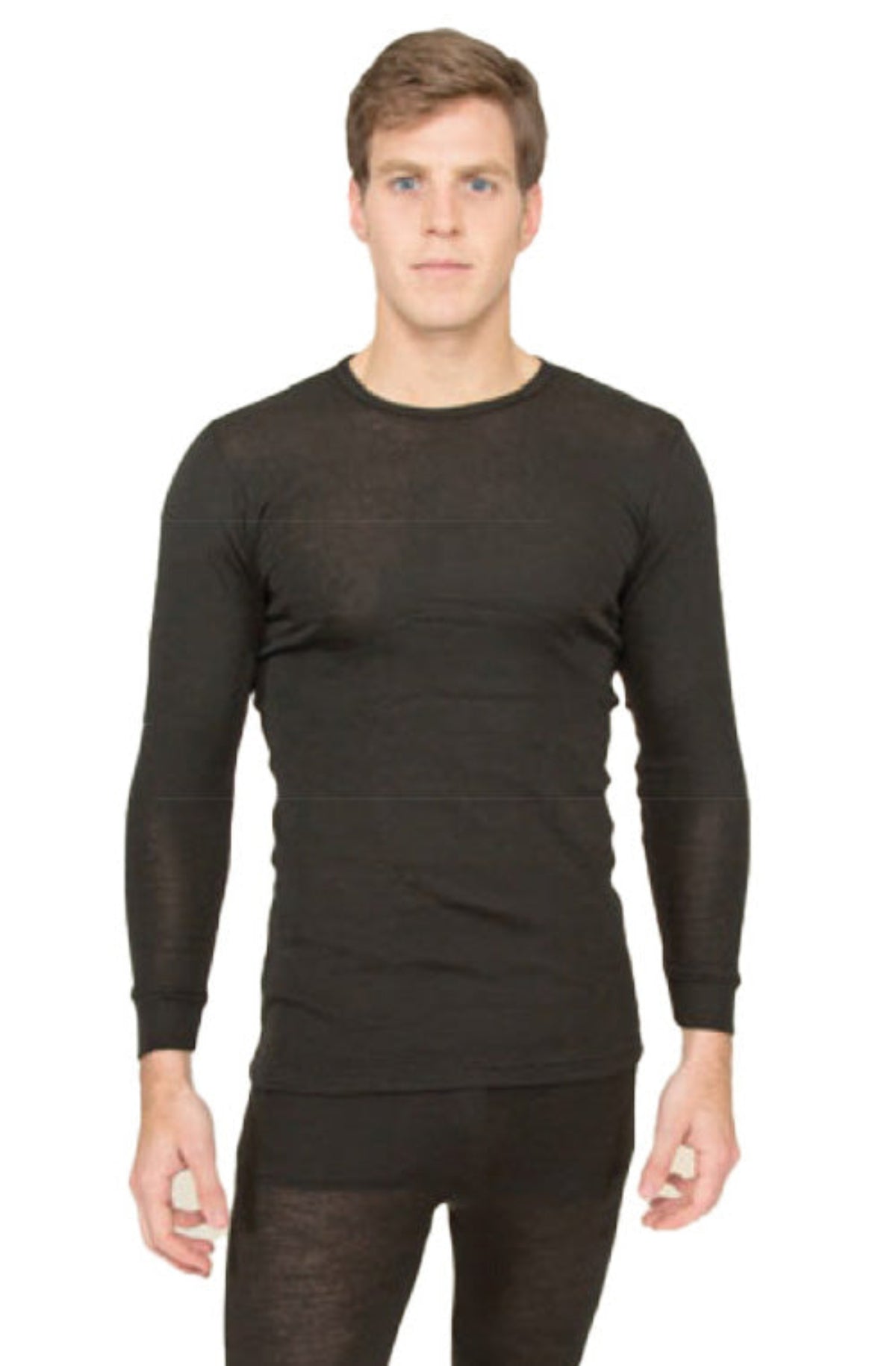 Merino Man wearing a black long-sleeve shirt and black pants on a white background