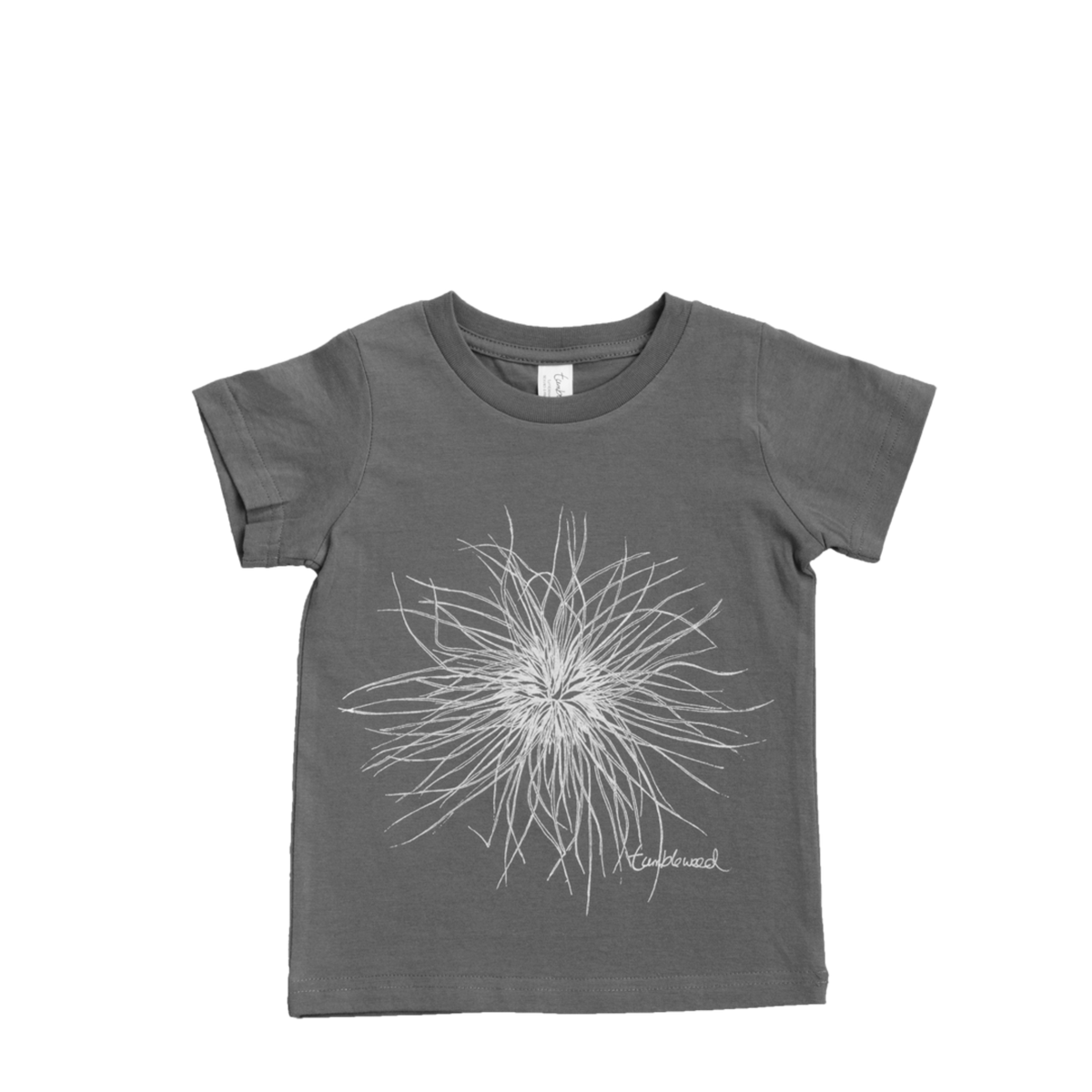 Cotton tumbleweed Gray t-shirt with white floral design on a white background