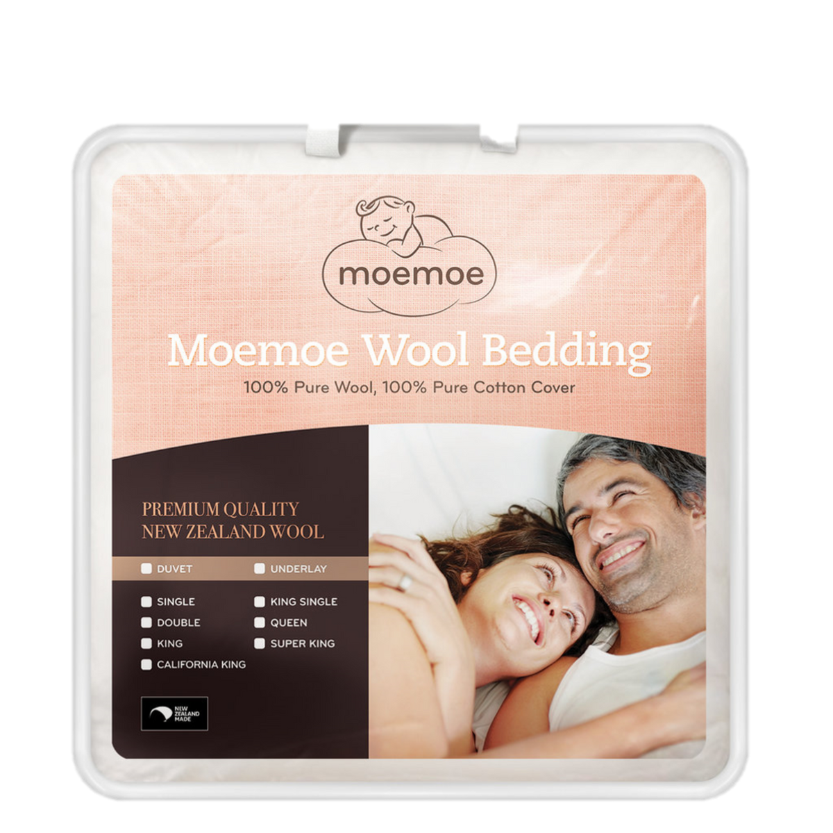 wool Moemoe wool bedding packaging with a couple on a bed