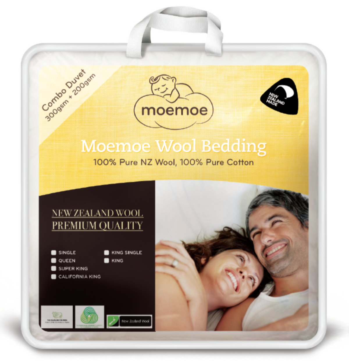 Moemoe Wool Bedding packaging with a couple on a bed, featuring New Zealand wool and pure cotton.
